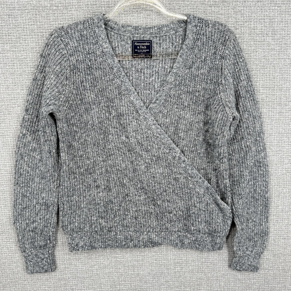 Abercrombie & Fitch Sweater Womens Small Gray Knit Wrap V Neck Long Sleeve Y2K